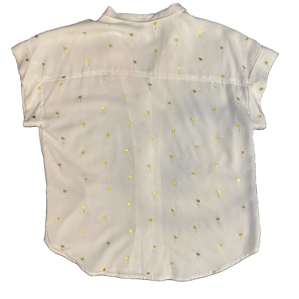Alex & Jordan White Gold Palm Tree Collared Button-Up Cap Sleeve Blouse M - Picture 4 of 10